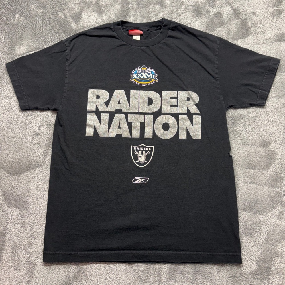 Reebok T-Shirt Mens M Black Fair‎ Super Bowl XXXVII Raider Nation 2003 Vintage